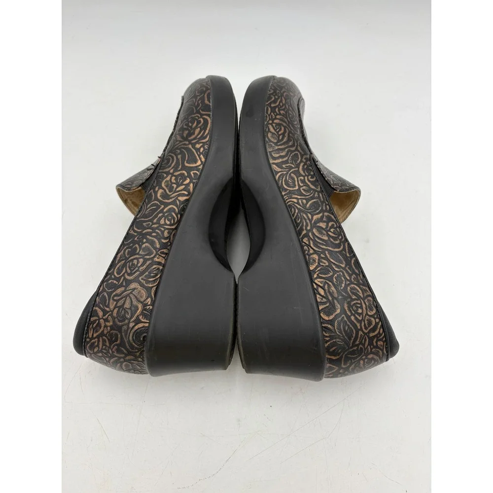 Alegria Emma Bronze Rose Embossed Floral Leather Wedge Black Women 9.5-10 EU 40